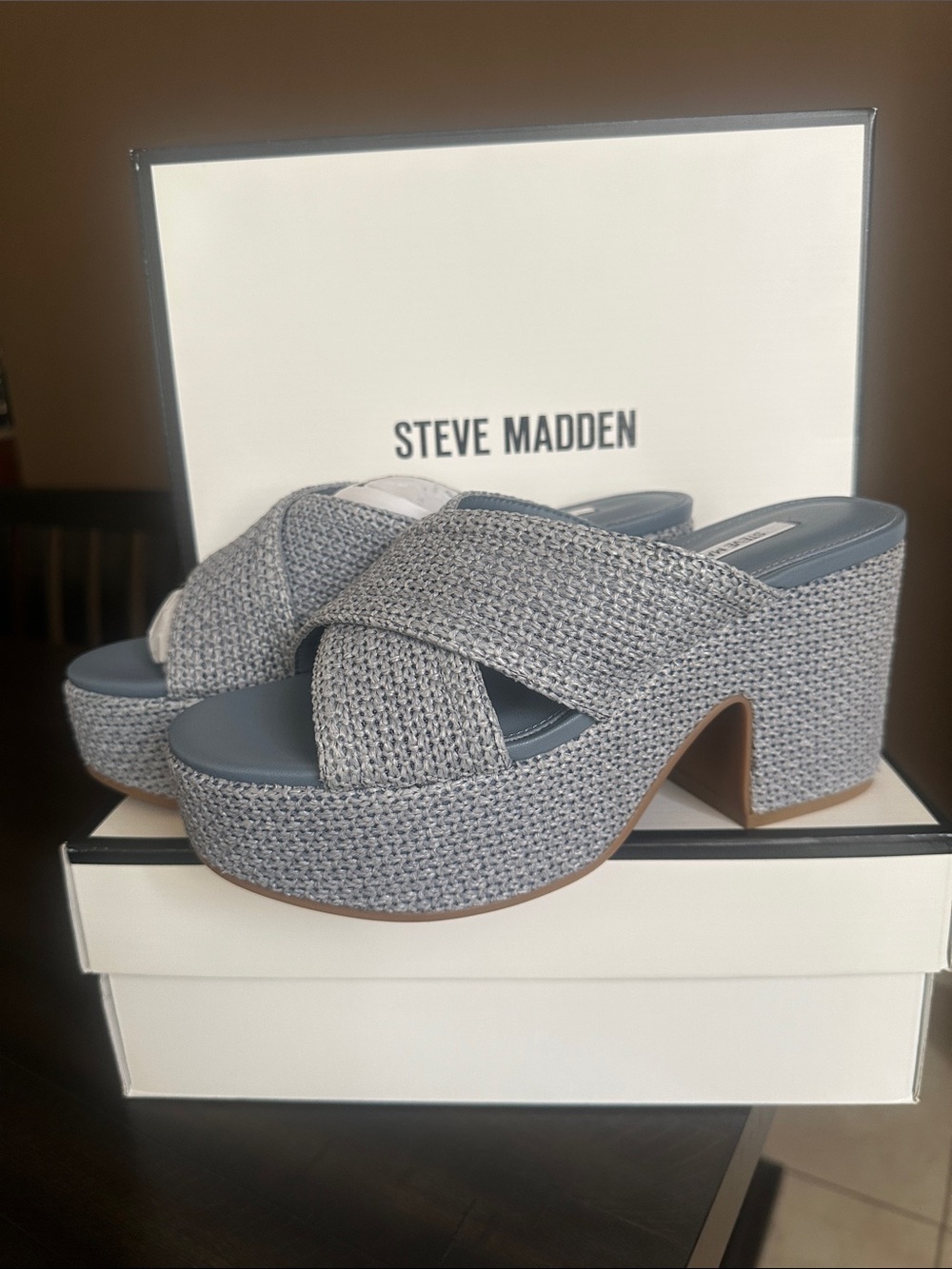 Steve Madden Blue Woven Crossband Platform Slides